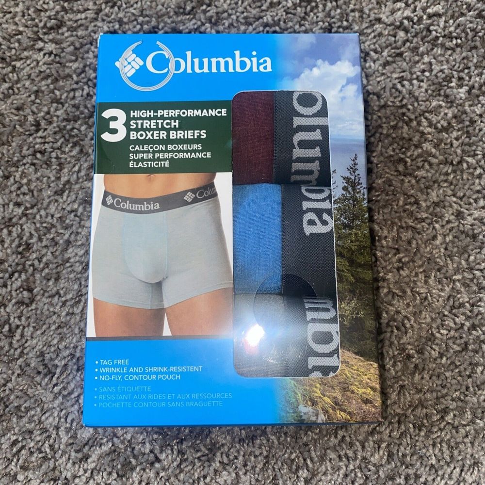 NIB COLUMBIA 3 Pack Cotton Stretch Boxer Briefs GRAY BLUE BURGUNDY XL New